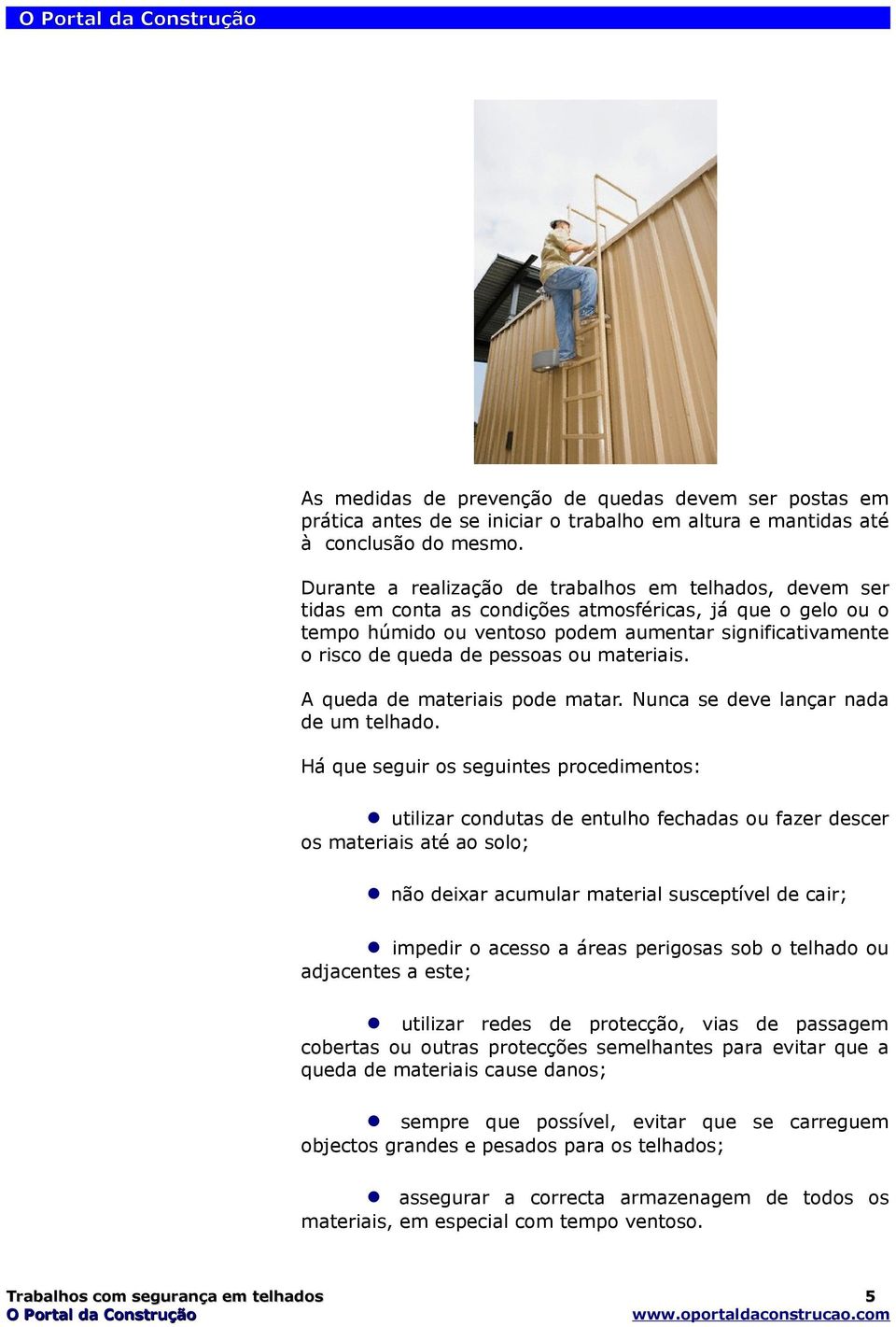 pessoas ou materiais. A queda de materiais pode matar. Nunca se deve lançar nada de um telhado.