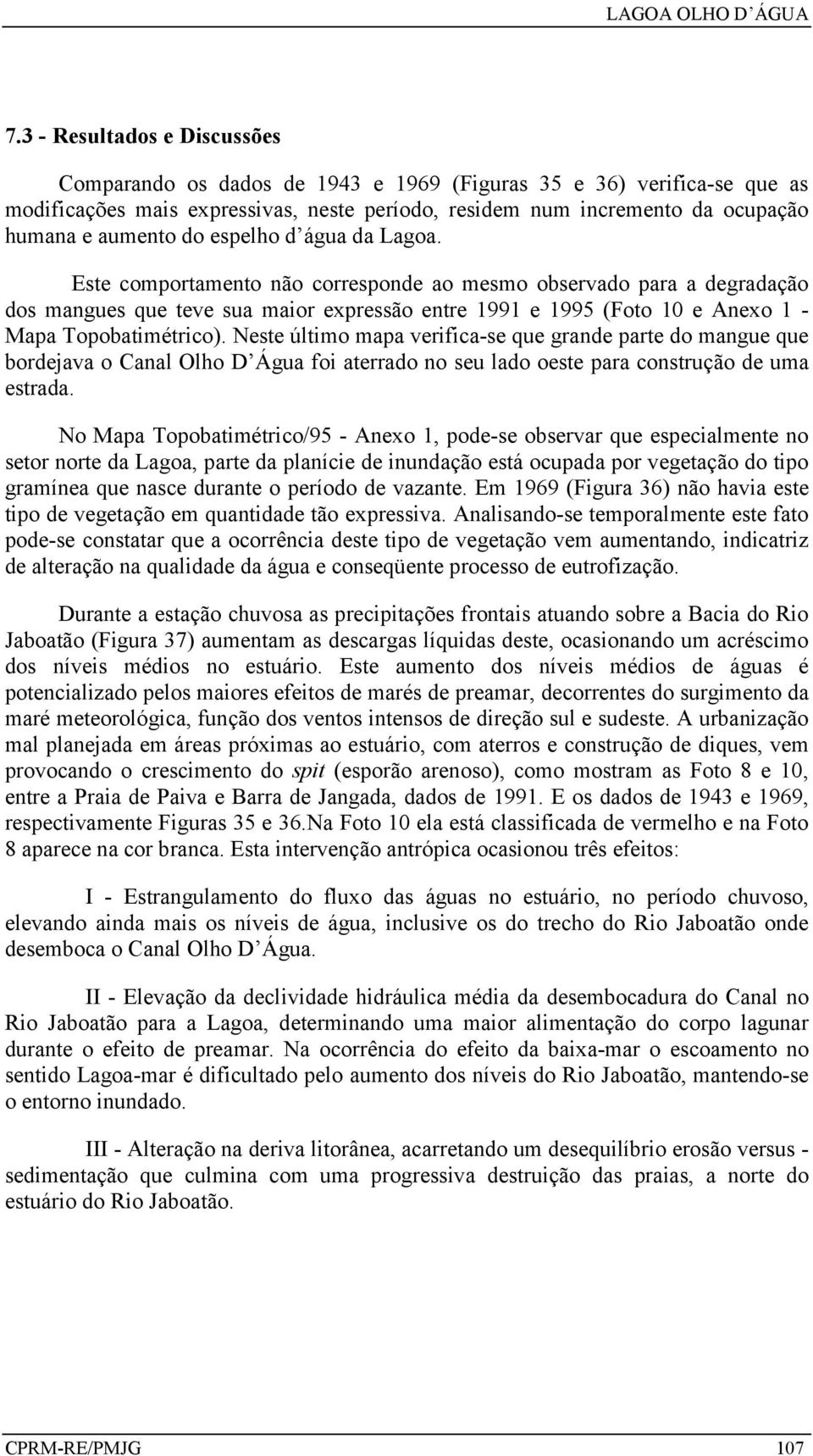 Este comportamento não corresponde ao mesmo observado para a degradação dos mangues que teve sua maior expressão entre 1991 e 1995 (Foto 10 e Anexo 1 - Mapa Topobatimétrico).