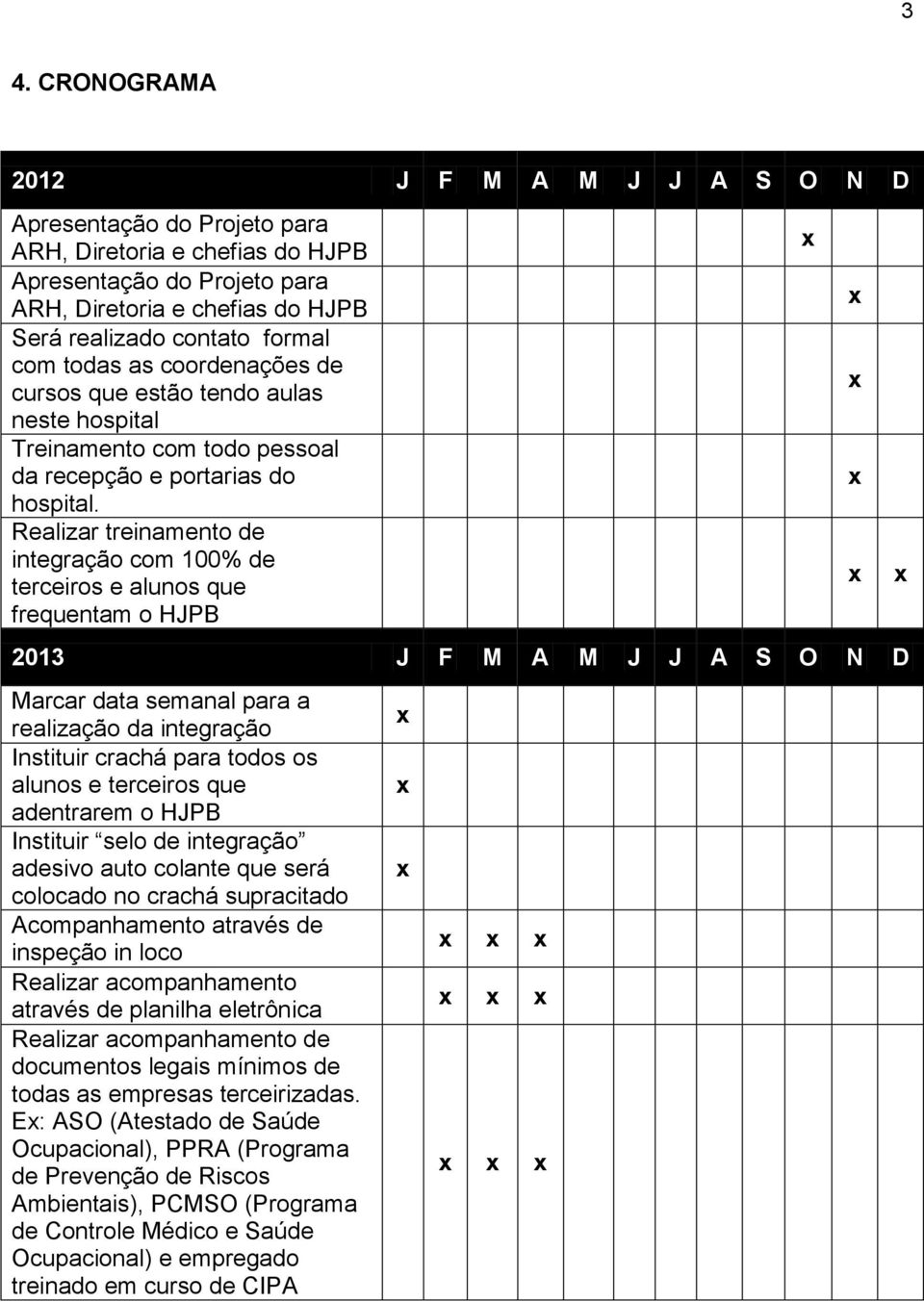 Realizar treinamento de integração com 100% de terceiros e alunos que frequentam o HJPB 2013 J F M A M J J A S O N D Marcar data semanal para a realização da integração Instituir crachá para todos os