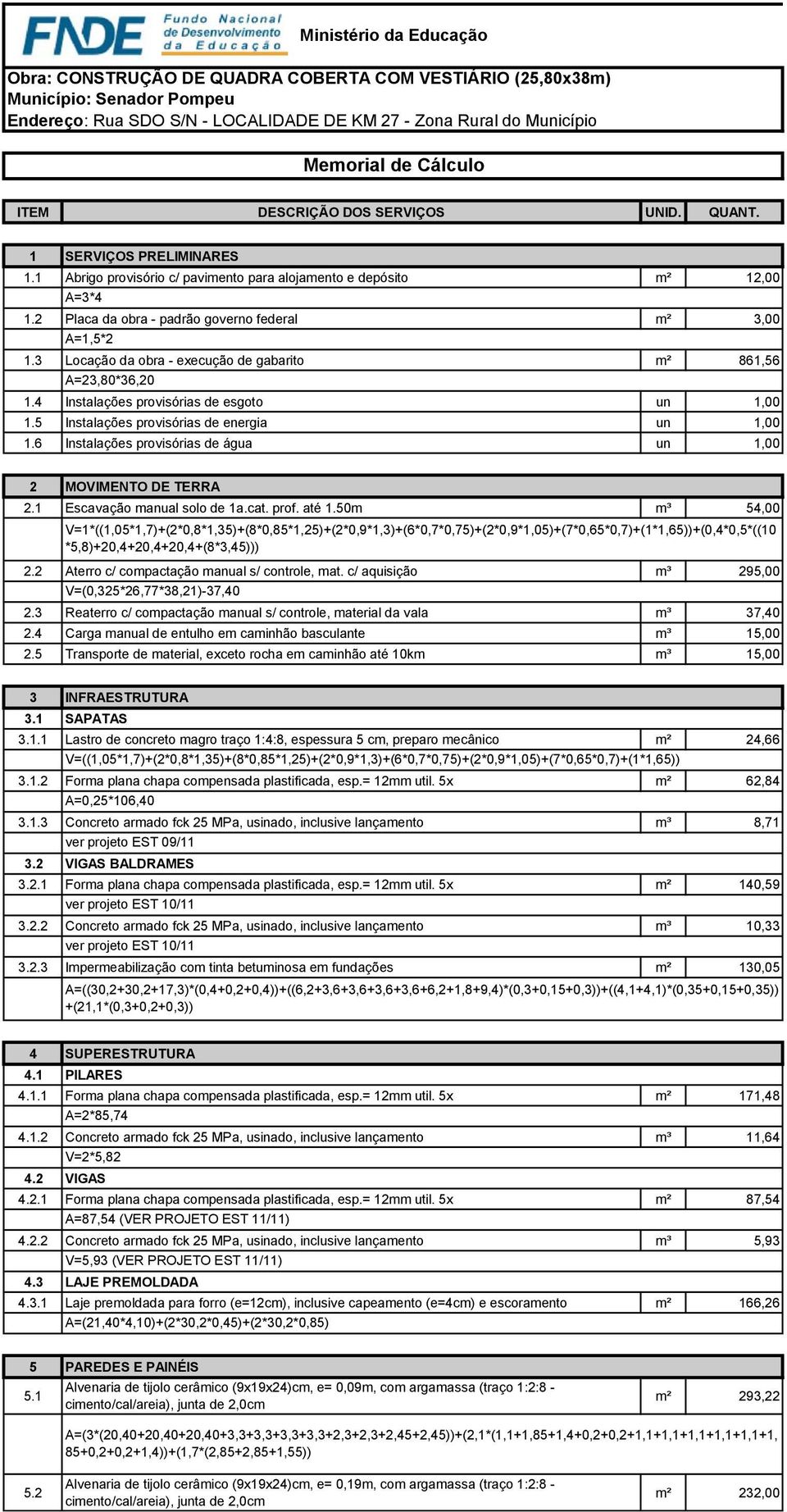 3 Locação da obra - execução de gabarito m² 861,56 A=23,80*36,20 1.4 Instalações provisórias de esgoto un 1,00 1.5 Instalações provisórias de energia un 1,00 1.