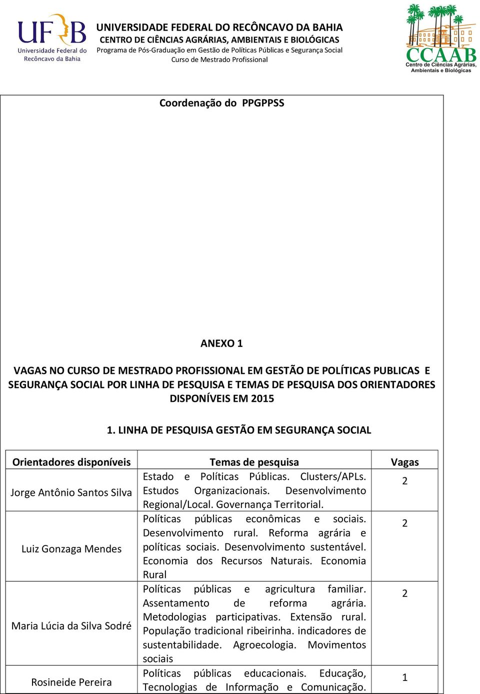 Desenvolvimento Regional/Local. Governança Territorial. Políticas públicas econômicas e sociais. 2 Desenvolvimento rural. Reforma agrária e Luiz Gonzaga Mendes políticas sociais.