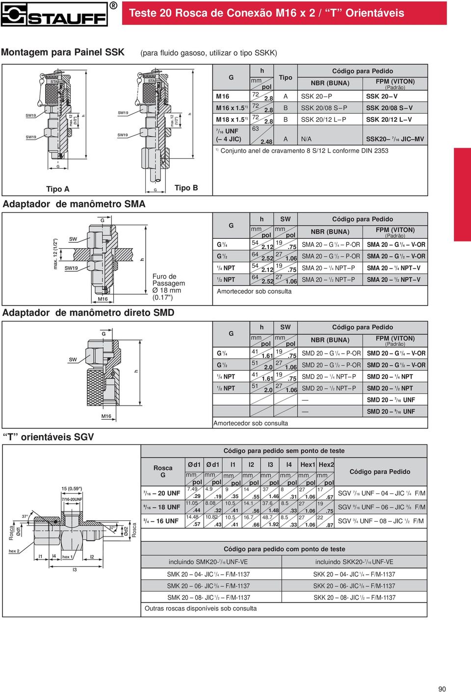 48 A N/A SSK20 /6 JIC MV ) Conjunto anel de cravamento 8 S/2 conforme DIN 2353 Tipo A Adaptador de manômetro SMA Tipo B max. 2 (/2") 9 Adaptador de manômetro direto SMD M6 Furo de Passagem Ø 8 mm (0.