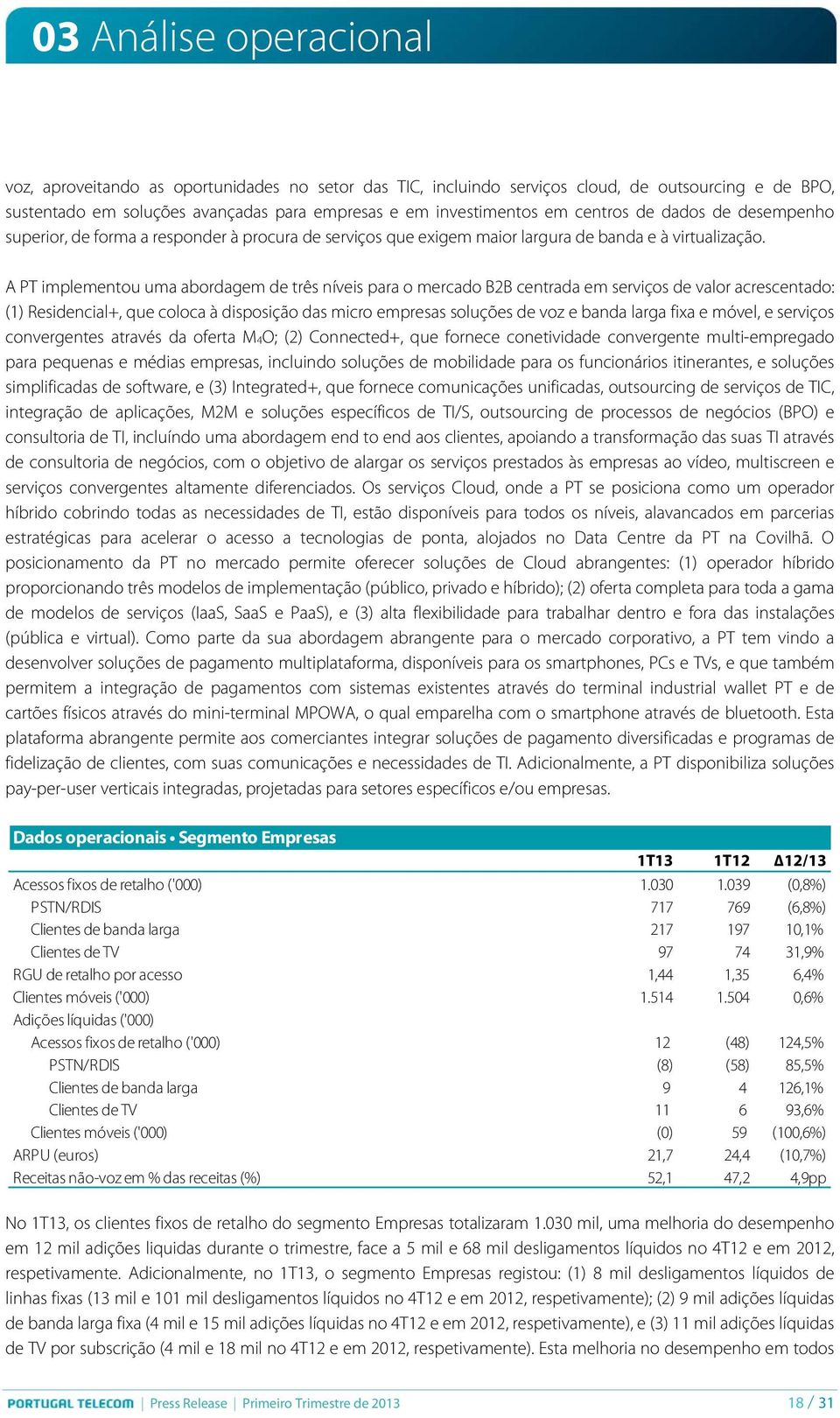 A PT implementou uma abordagem de três níveis para o mercado B2B centrada em serviços de valor acrescentado: (1) Residencial+, que coloca à disposição das micro empresas soluções de voz e banda larga