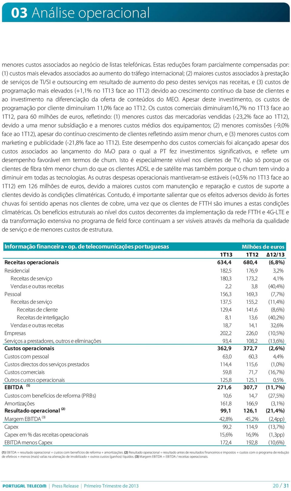 outsourcing em resultado de aumento do peso destes serviços nas receitas, e (3) custos de programação mais elevados (+1,1% no 1T13 face ao 1T12) devido ao crescimento contínuo da base de clientes e