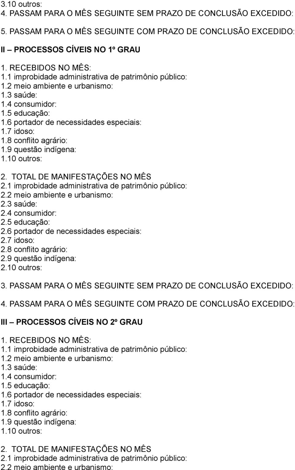 9 questão indígena: 1.10 outros: 2. TOTAL DE MANIFESTAÇÕES NO MÊS 2.1 improbidade administrativa de patrimônio público: 2.2 meio ambiente e urbanismo: 2.3 saúde: 2.4 consumidor: 2.5 educação: 2.