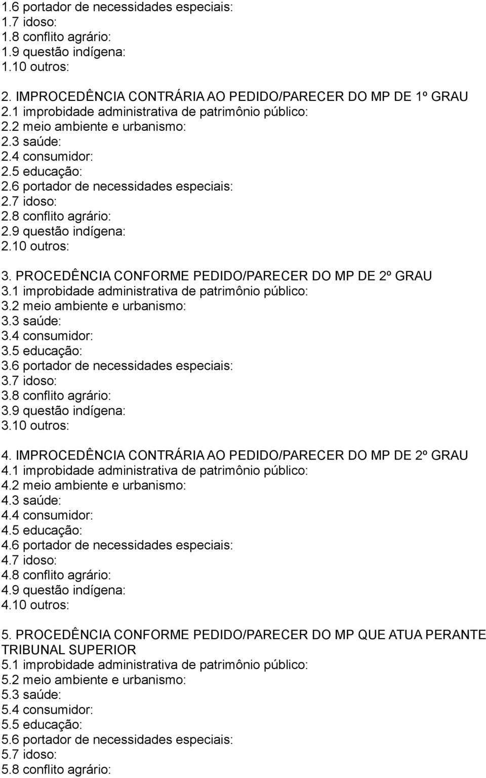 9 questão indígena: 2.10 outros: 3. PROCEDÊNCIA CONFORME PEDIDO/PARECER DO MP DE 2º GRAU 3.1 improbidade administrativa de patrimônio público: 3.2 meio ambiente e urbanismo: 3.3 saúde: 3.