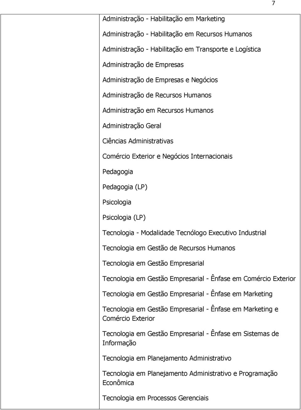 Psicologia Psicologia (LP) Tecnologia - Modalidade Tecnólogo Executivo Industrial Tecnologia em Gestão de Recursos Humanos Tecnologia em Gestão Empresarial Tecnologia em Gestão Empresarial - Ênfase