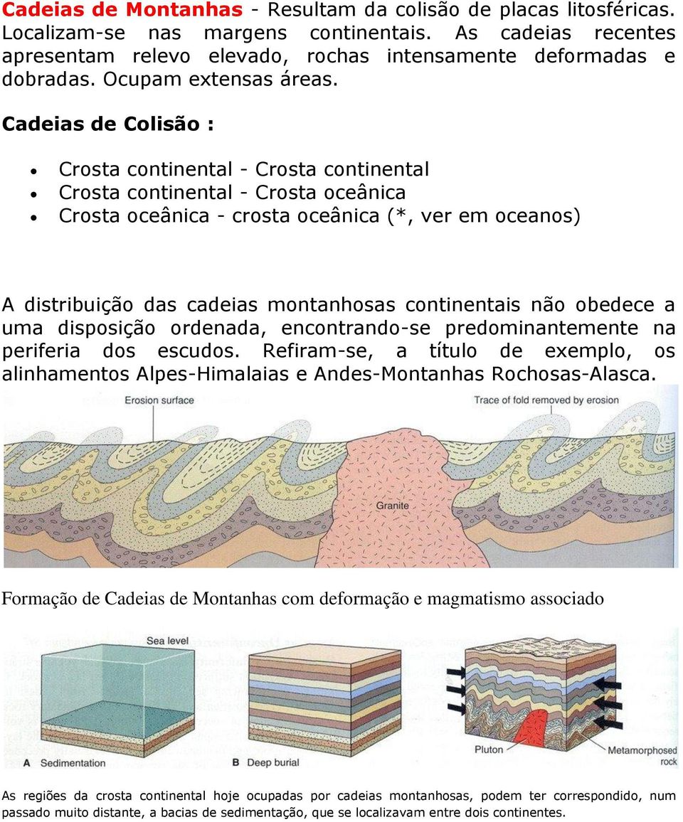 Cadeias de Colisão : Crosta continental - Crosta continental Crosta continental - Crosta oceânica Crosta oceânica - crosta oceânica (*, ver em oceanos) A distribuição das cadeias montanhosas