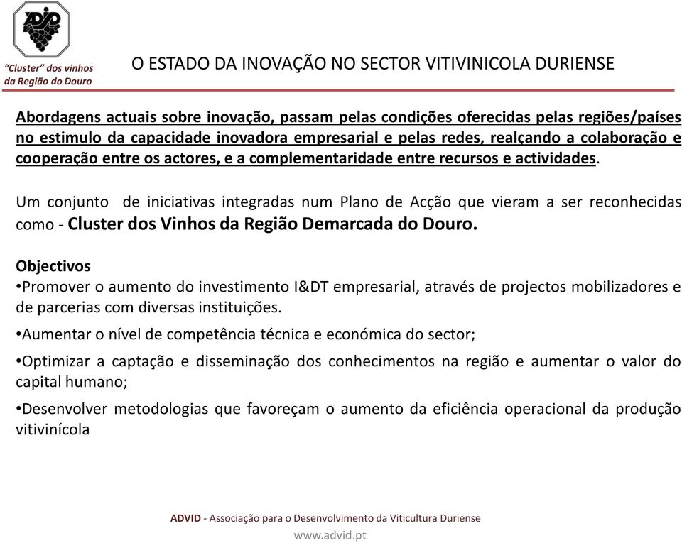 Um conjunto de iniciativas integradas num Plano de Acção que vieram a ser reconhecidas como- Cluster dos Vinhos da Região Demarcada do Douro.