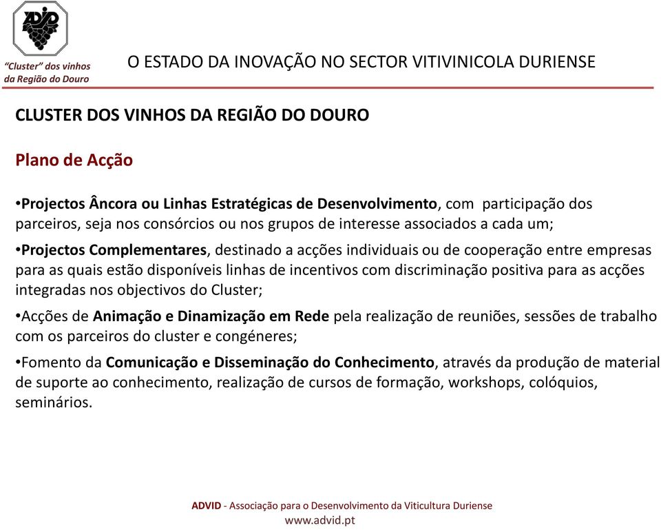 discriminação positiva para as acções integradas nos objectivos do Cluster; Acções deanimação e Dinamização em Redepela realização de reuniões, sessões de trabalho com os parceiros do