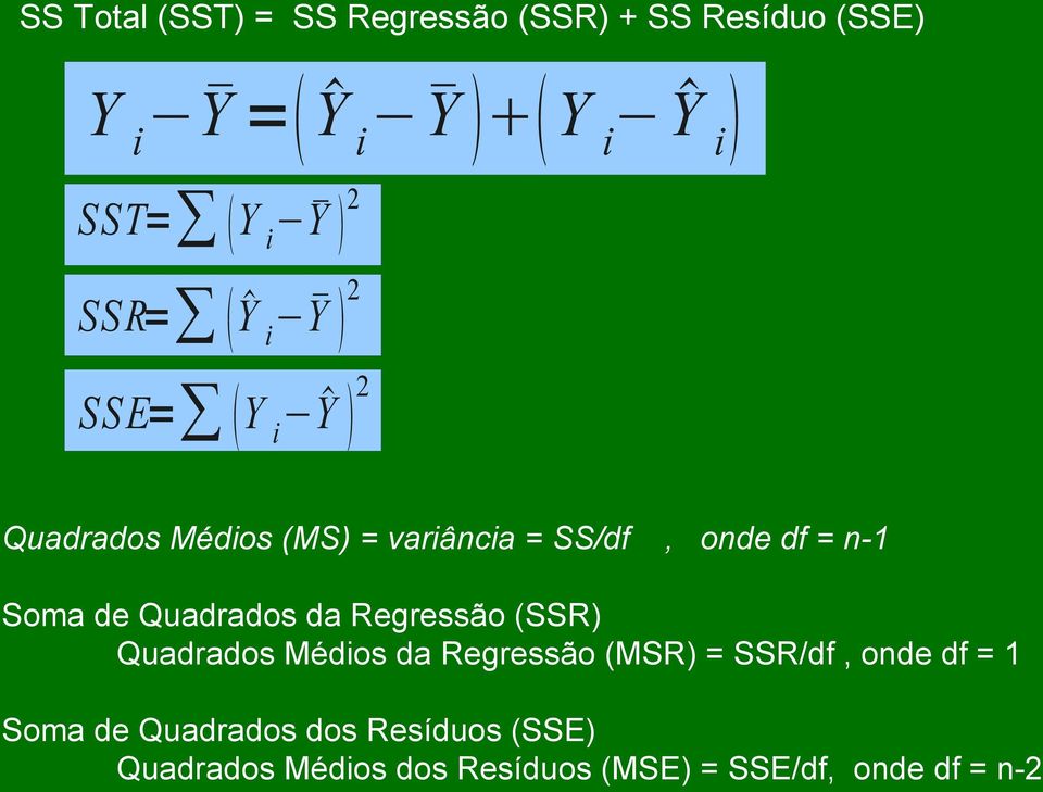 Quadrados da Regressão (SSR) Quadrados Médios da Regressão (MSR) = SSR/df, onde df = 1