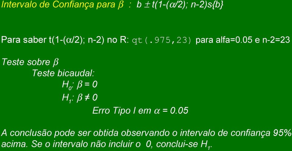05 e n-2=23 Teste sobre β Teste bicaudal: H 0 : β = 0 H 1 : β 0 Erro Tipo I em α