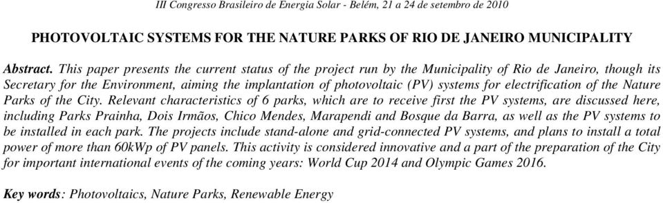 electrification of the Nature Parks of the City.