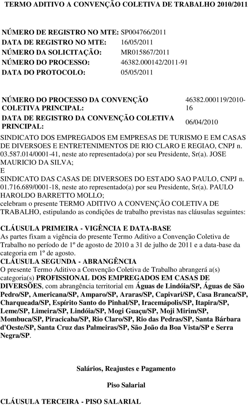 000119/2010-16 06/04/2010 SINDICATO DOS EMPREGADOS EM EMPRESAS DE TURISMO E EM CASAS DE DIVERSOES E ENTRETENIMENTOS DE RIO CLARO E REGIAO, CNPJ n. 03.587.