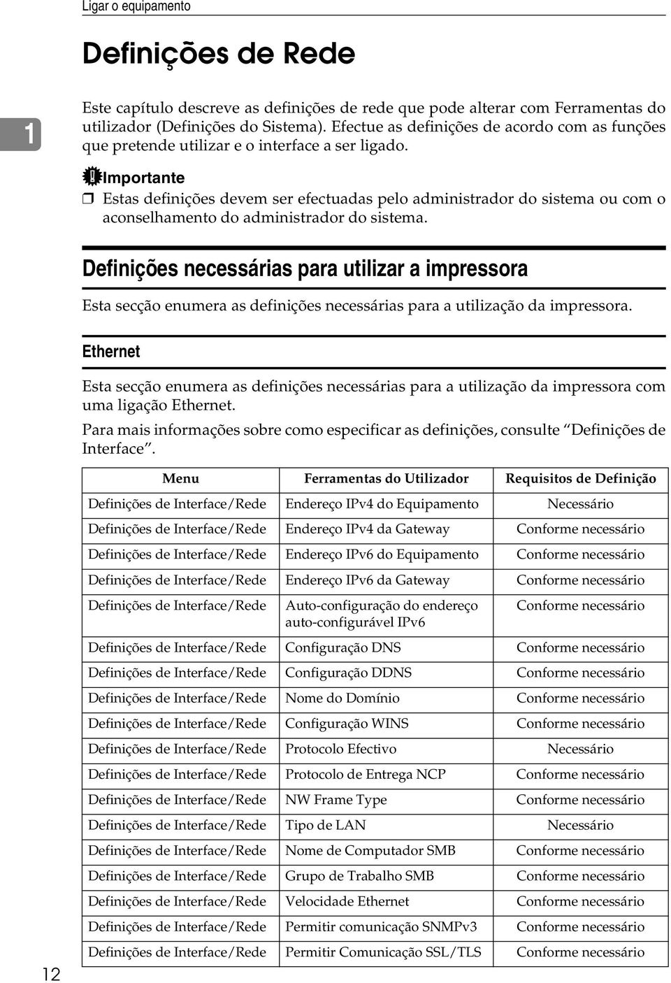 Importante Estas definições devem ser efectuadas pelo administrador do sistema ou com o aconselhamento do administrador do sistema.