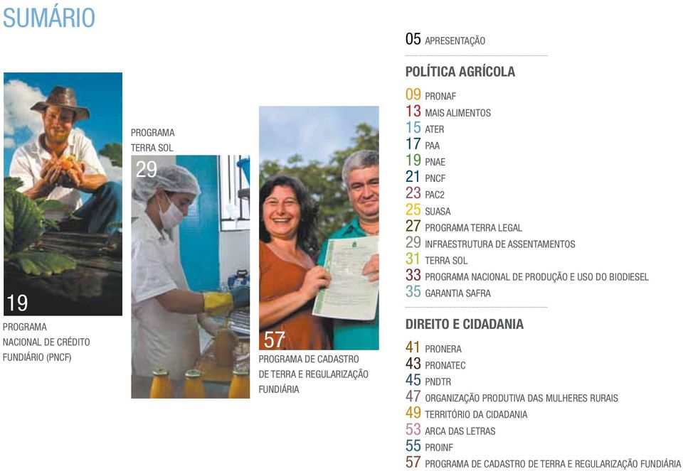 ASSENTAMENTOS 31 terra sol 33 PROGRAMA NACIONAL DE PRODUÇão e uso do biodiesel 35 garantia safra direito e cidadania 41 pronera 43 pronatec 45 pndtr