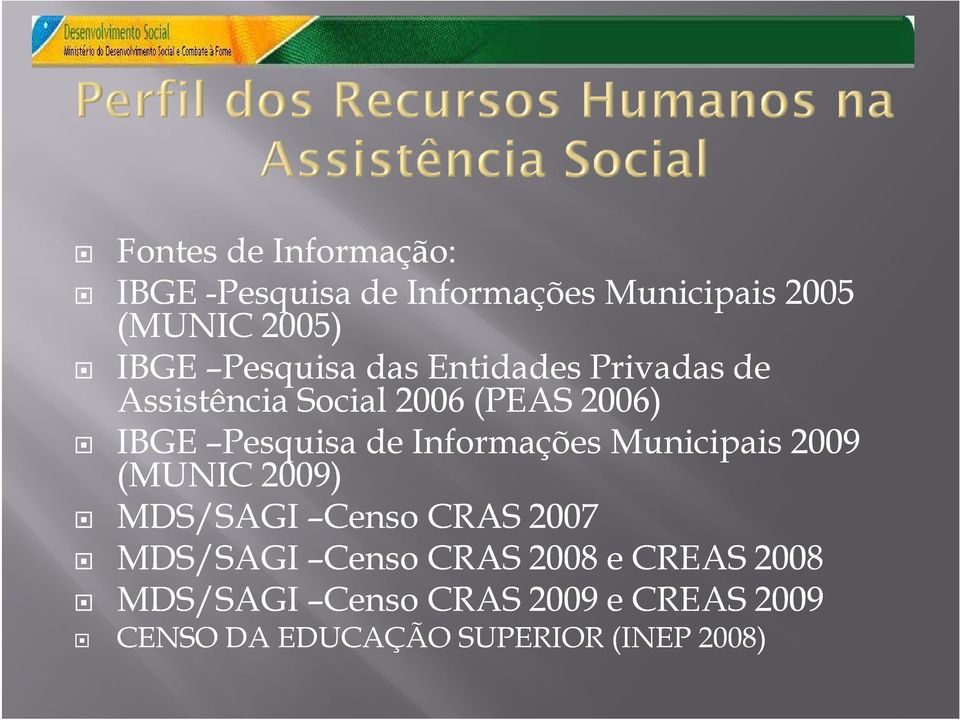 Informações Municipais 2009 (MUNIC 2009) MDS/SAGI Censo CRAS 2007 MDS/SAGI Censo CRAS