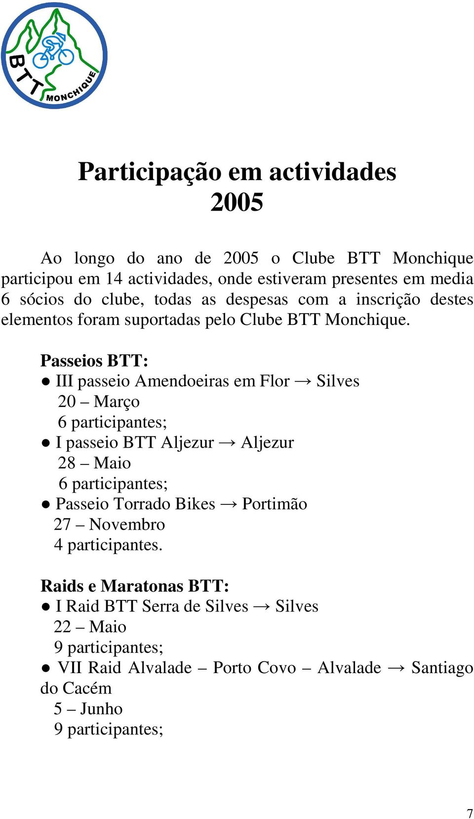 Passeios BTT: III passeio Amendoeiras em Flor Silves 20 Março 6 participantes; I passeio BTT Aljezur Aljezur 28 Maio 6 participantes; Passeio Torrado