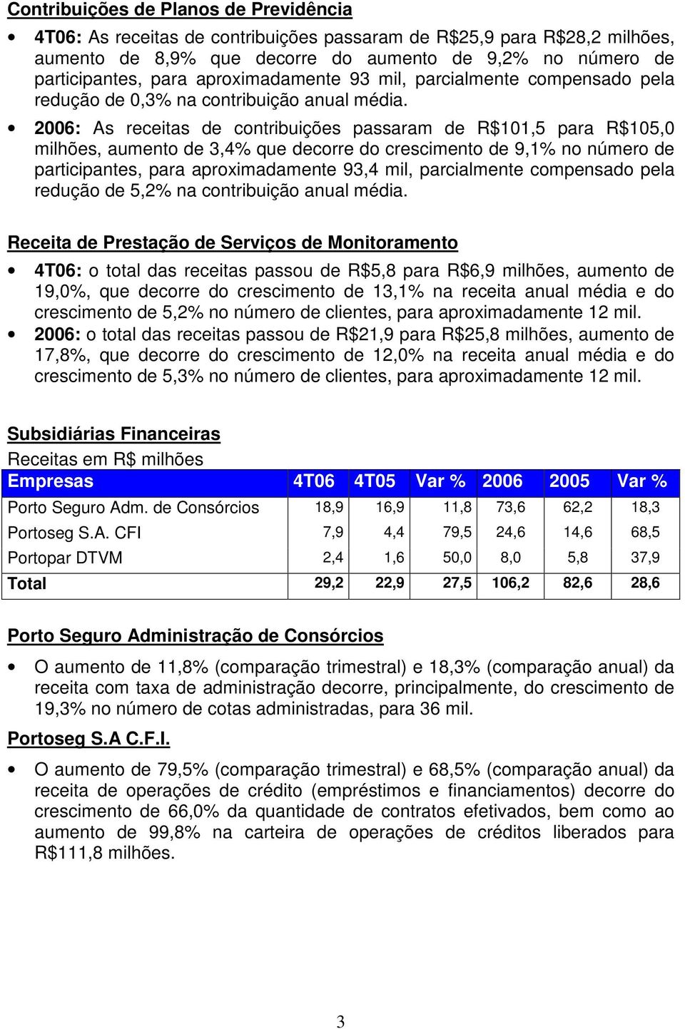 2006: As receitas de contribuições passaram de R$101,5 para R$105,0 milhões, aumento de 3,4% que decorre do crescimento de 9,1% no número de participantes, para aproximadamente 93,4 mil, parcialmente