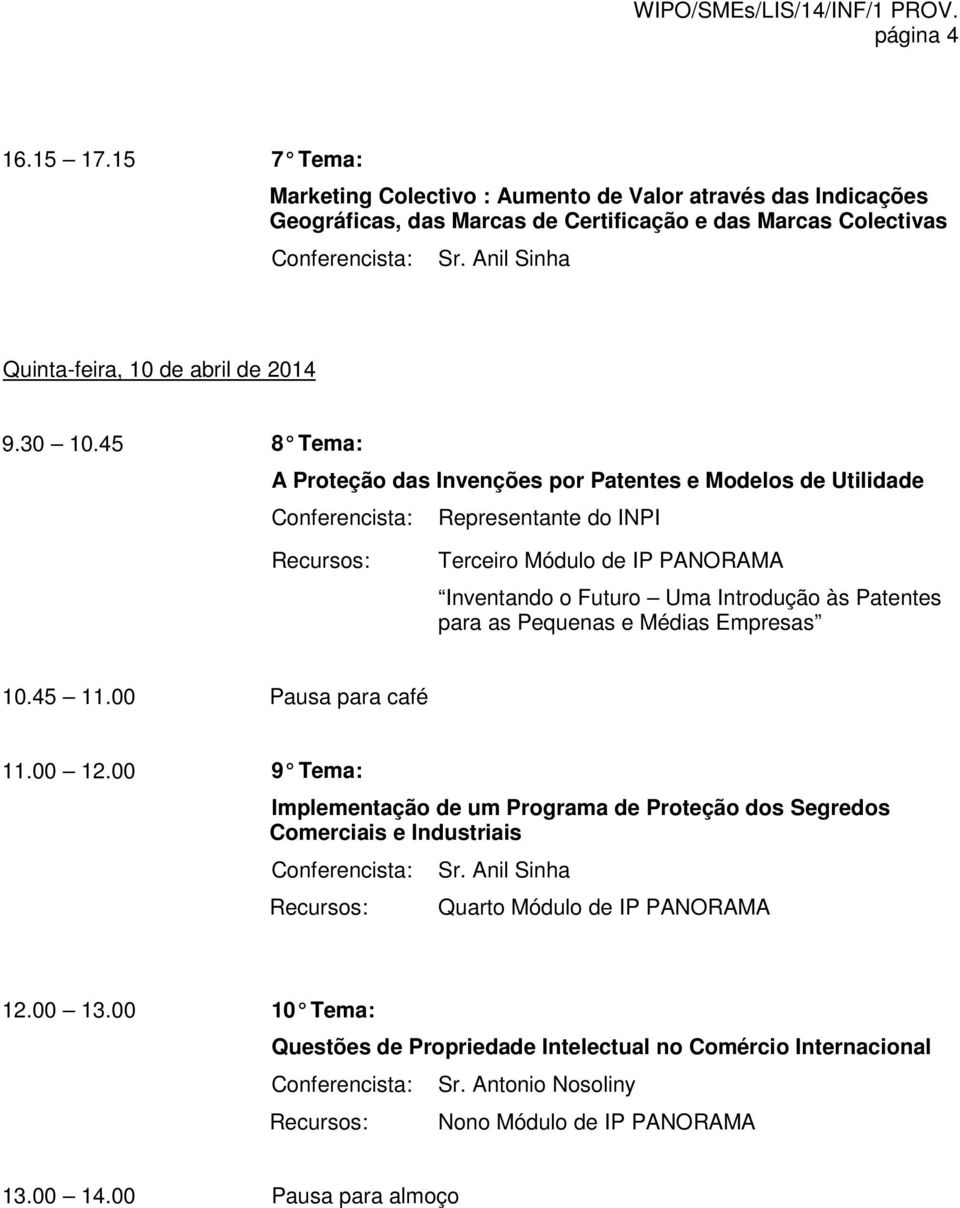 45 8 Tema: A Proteção das Invenções por Patentes e Modelos de Utilidade Representante do INPI Terceiro Módulo de IP PANORAMA Inventando o Futuro Uma Introdução às Patentes para as