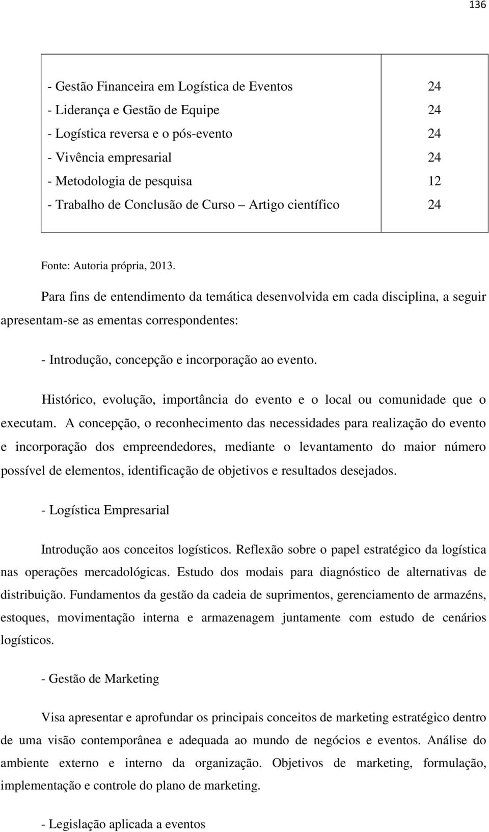 Para fins de entendimento da temática desenvolvida em cada disciplina, a seguir apresentam-se as ementas correspondentes: - Introdução, concepção e incorporação ao evento.