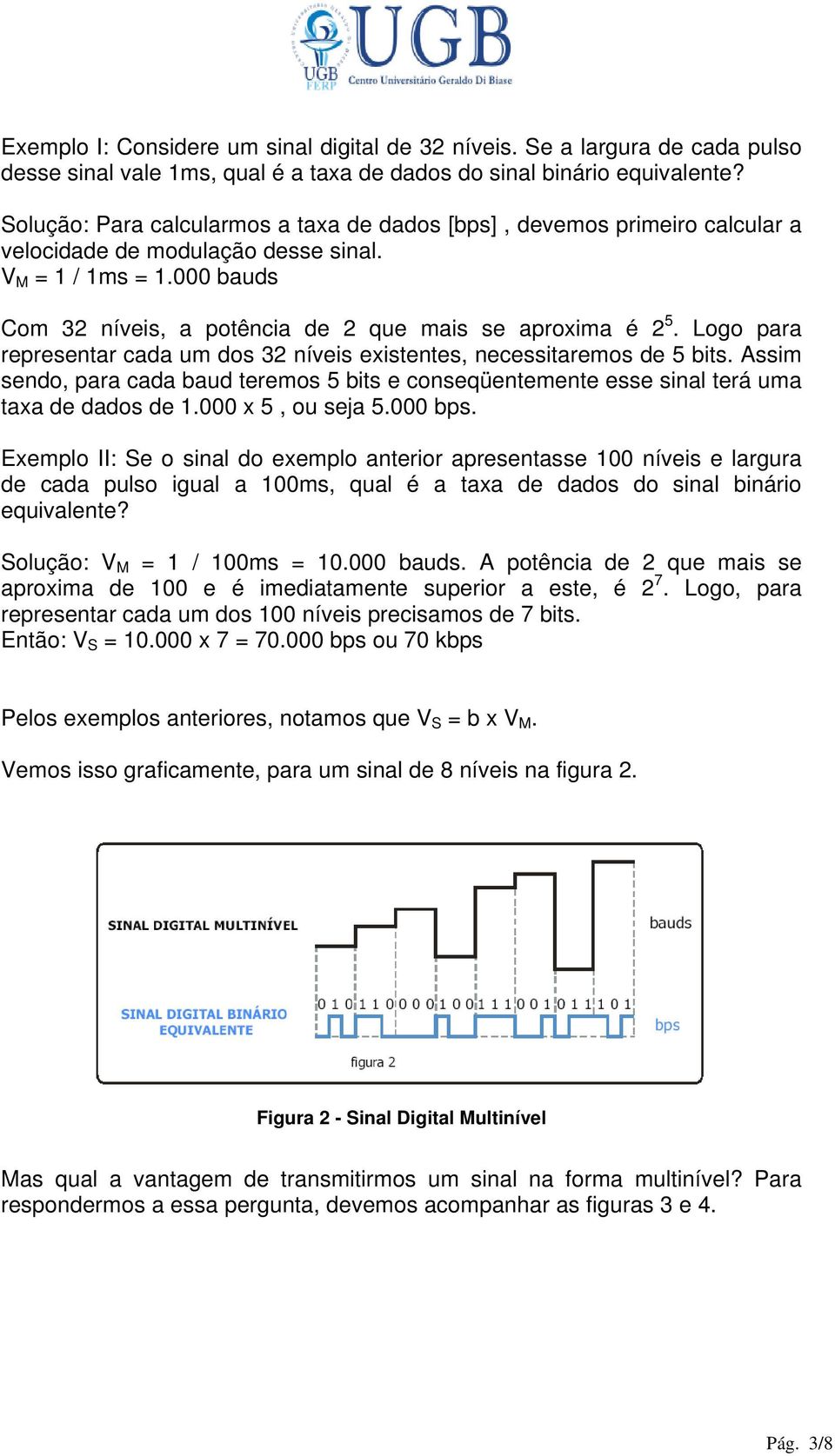 Logo para representar cada um dos 32 níveis existentes, necessitaremos de 5 bits. Assim sendo, para cada baud teremos 5 bits e conseqüentemente esse sinal terá uma taxa de dados de 1.