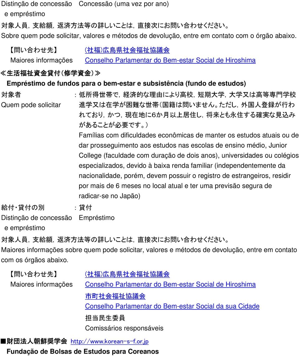 ( 社 福 ) 広 島 県 社 会 福 祉 協 議 会 Conselho Parlamentar do Bem-estar Social de Hiroshima 生 活 福 祉 資 金 貸 付 ( 修 学 資 金 ) Empréstimo de fundos para o bem-estar e subsistência (fundo de estudos) : 低 所 得 世 帯 で, 経