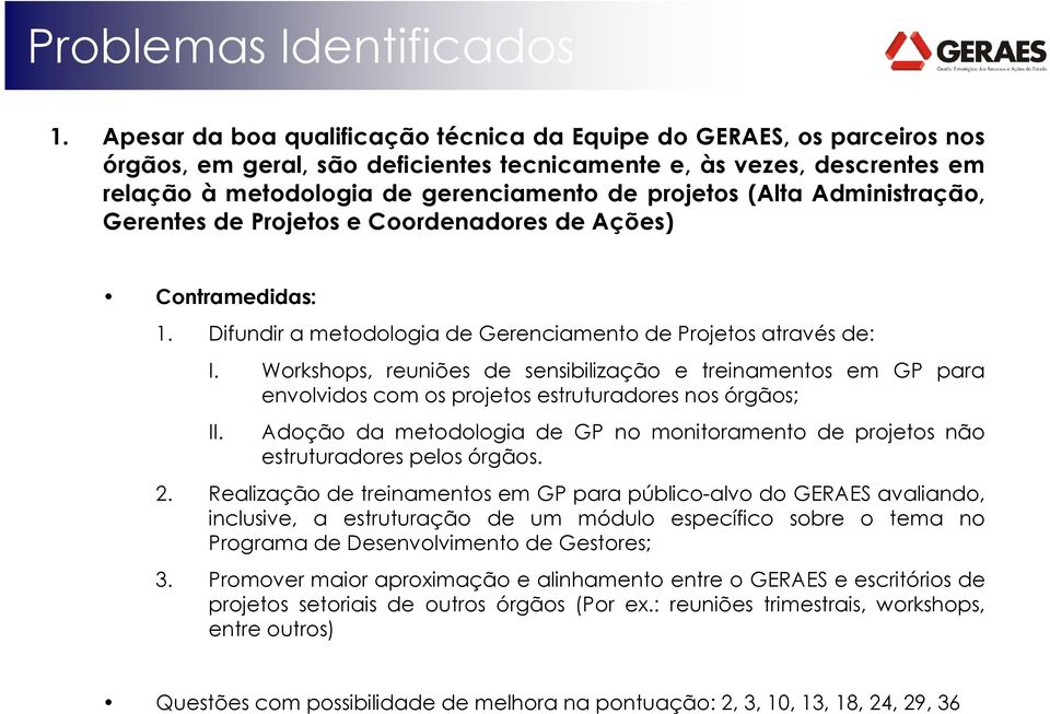 (Alta Administração, Gerentes de Projetos e Coordenadores de Ações) Contramedidas: 1. Difundir a metodologia de Gerenciamento de Projetos através de: I.