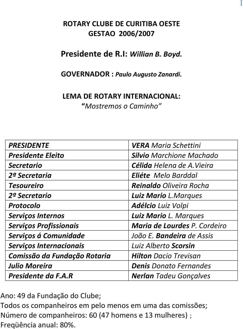 Vieira 2ª Secretaria Eliéte Melo Barddal Tesoureiro Reinaldo Oliveira Rocha 2º Secretario Luiz Mario L.Marques Protocolo Adélcio Luiz Volpi Serviços Internos Luiz Mario L.