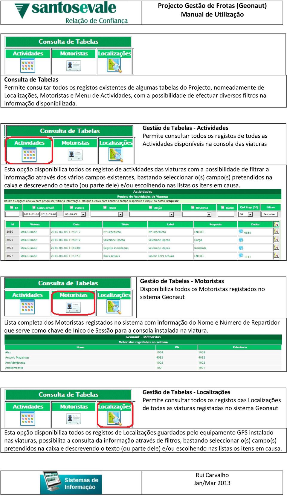 Gestão de Tabelas - Actividades Permite consultar todos os registos de todas as Actividades disponíveis na consola das viaturas Esta opção disponibiliza todos os registos de actividades das viaturas