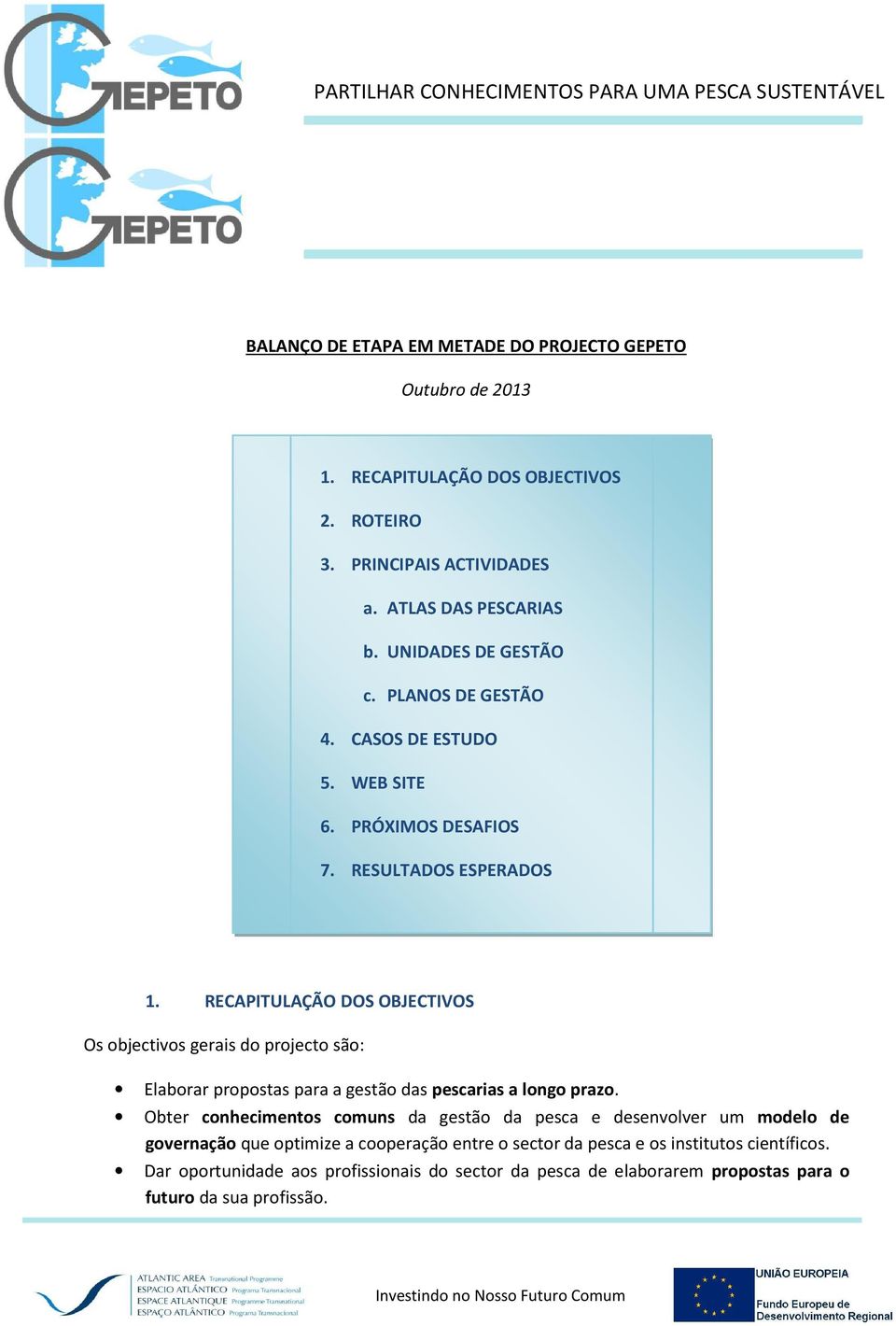 RECAPITULAÇÃO DOS OBJECTIVOS Os objectivos gerais do projecto são: Elaborar propostas para a gestão das pescarias a longo prazo.