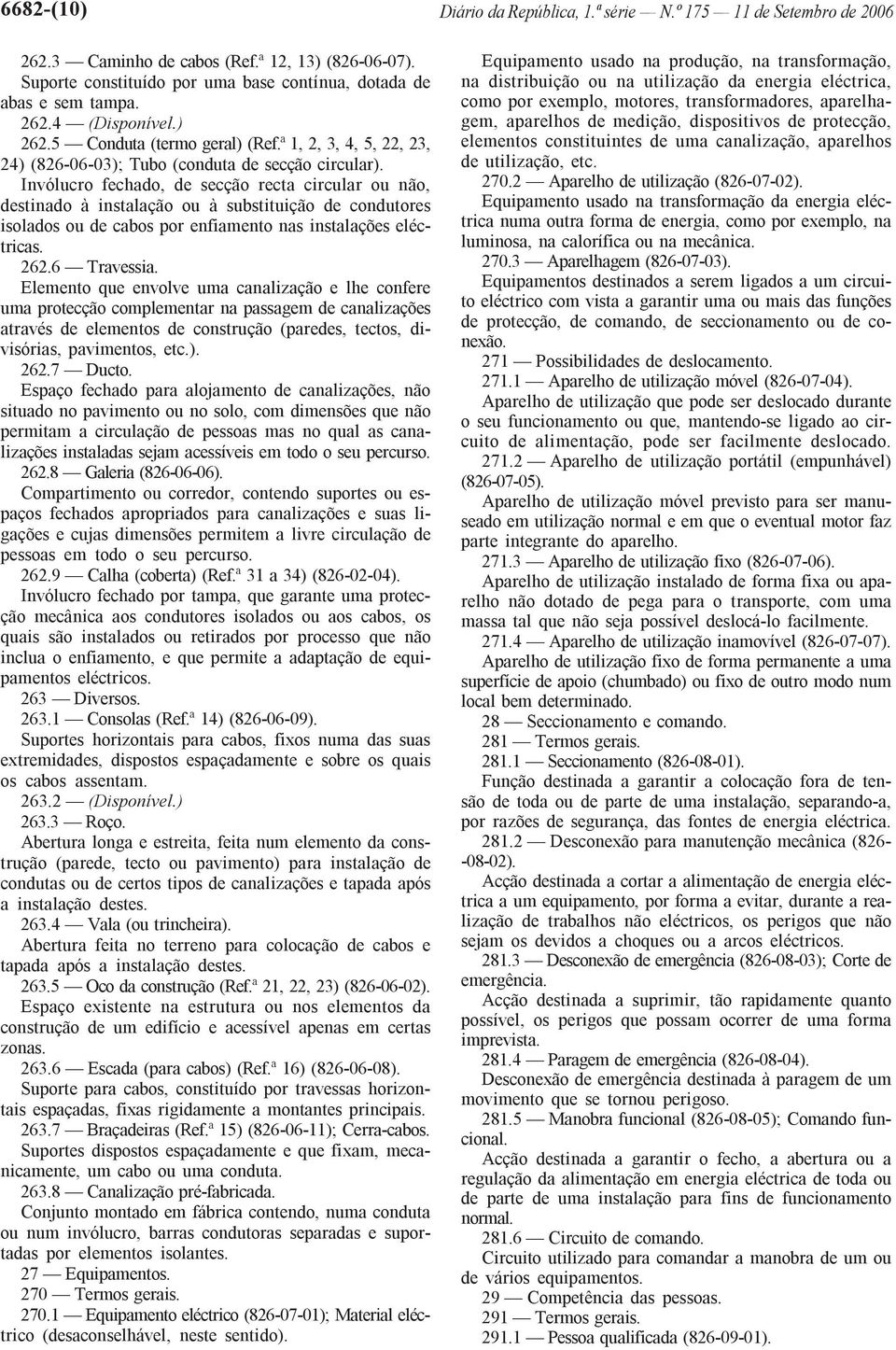 Invólucro fechado, de secção recta circular ou não, destinado à instalação ou à substituição de condutores isolados ou de cabos por enfiamento nas instalações eléctricas. 262.6 Travessia.