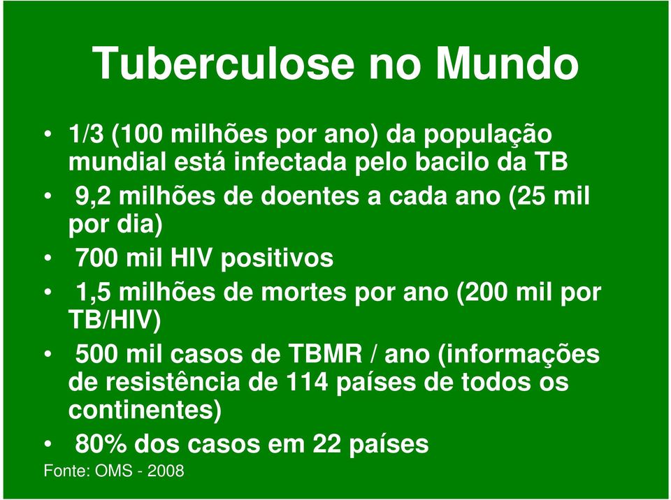 milhões de mortes por ano (200 mil por TB/HIV) 500 mil casos de TBMR / ano (informações de