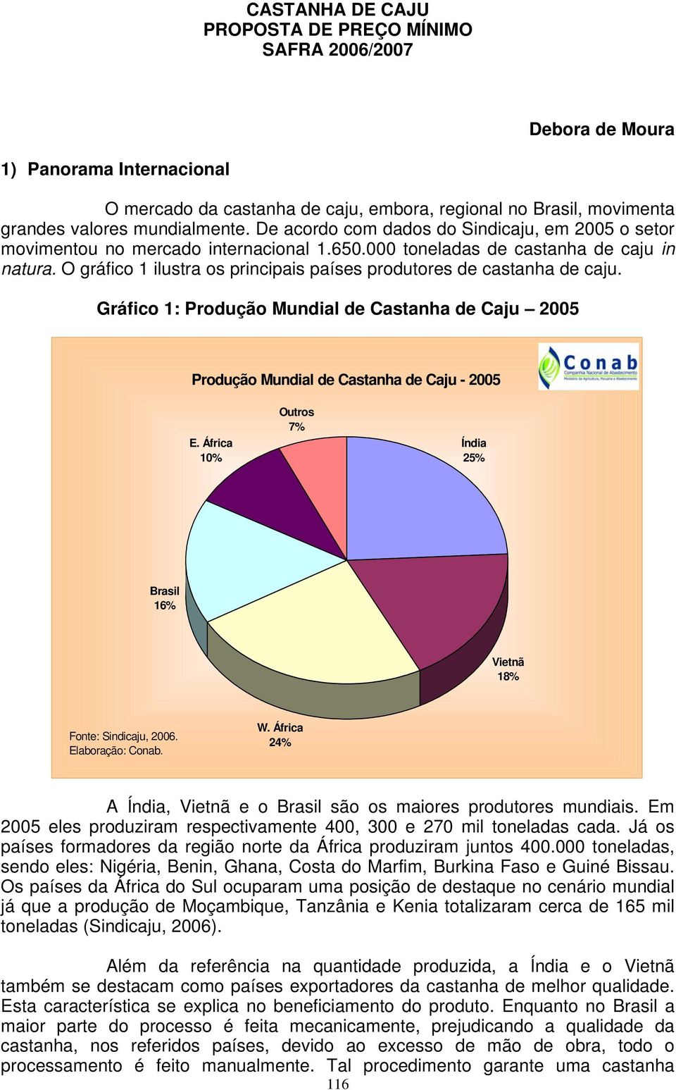 O gráfico 1 ilustra os principais países produtores de castanha de caju. Gráfico 1: Produção Mundial de Castanha de Caju 2005 Produção Mundial de Castanha de Caju - 2005 E.