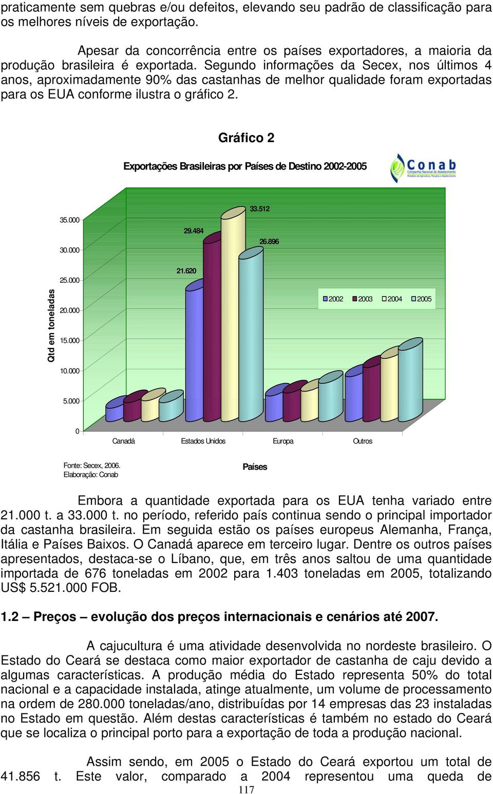 Segundo informações da Secex, nos últimos 4 anos, aproximadamente 90% das castanhas de melhor qualidade foram exportadas para os EUA conforme ilustra o gráfico 2.