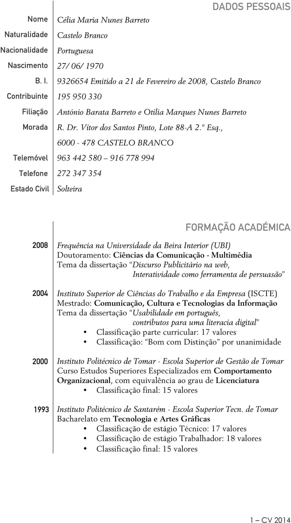 Barreto e Otília Marques Nunes Barreto R. Dr. Vítor dos Santos Pinto, Lote 88-A 2.º Esq.