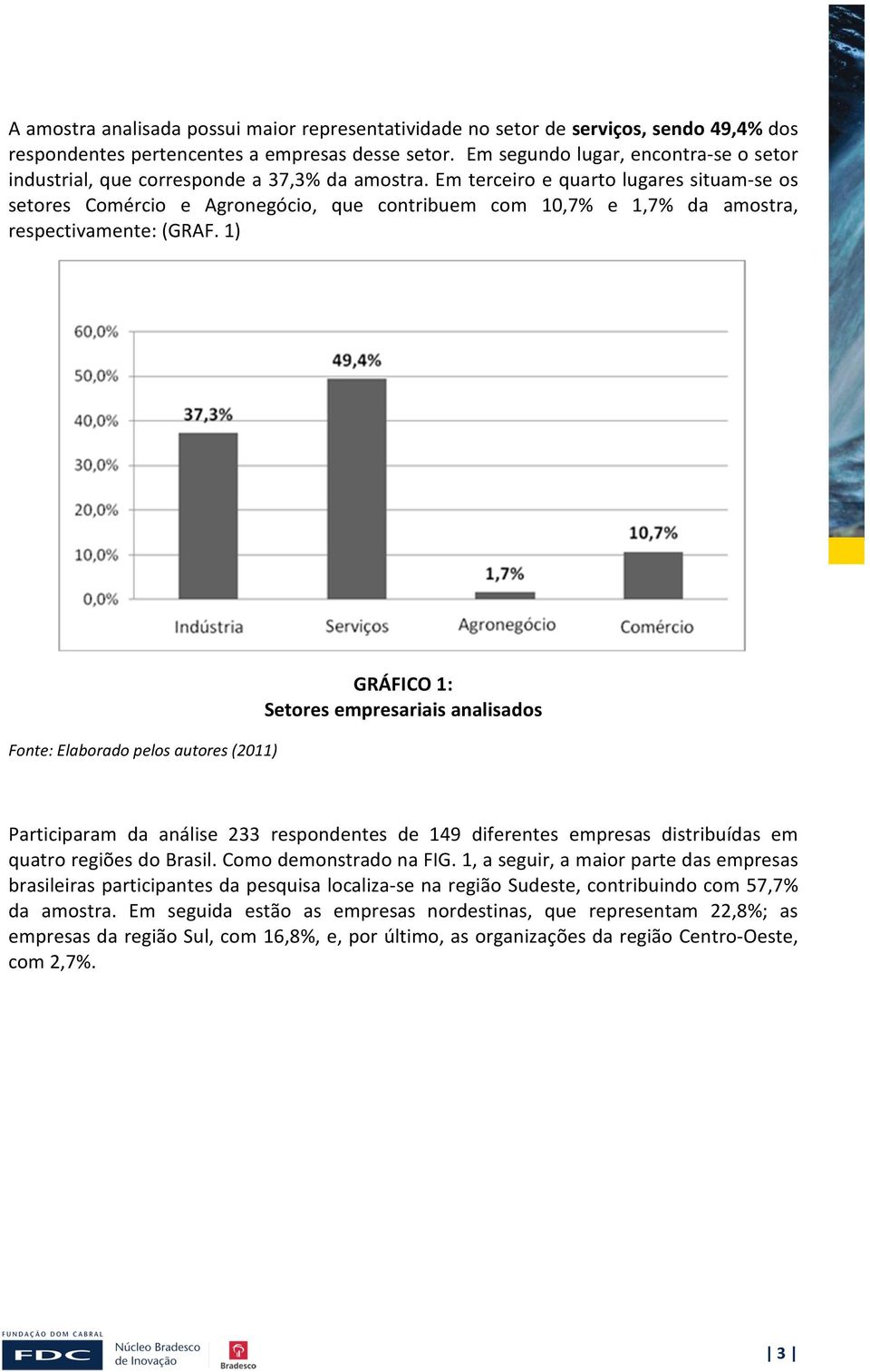 Em terceiro e quarto lugares situam-se os setores Comércio e Agronegócio, que contribuem com 10,7% e 1,7% da amostra, respectivamente: (GRAF.