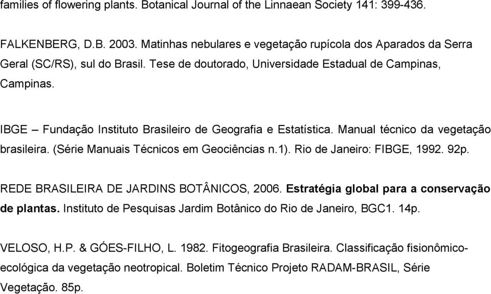 IBGE Fundação Instituto Brasileiro de Geografia e Estatística. Manual técnico da vegetação brasileira. (Série Manuais Técnicos em Geociências n.1). Rio de Janeiro: FIBGE, 1992. 92p.