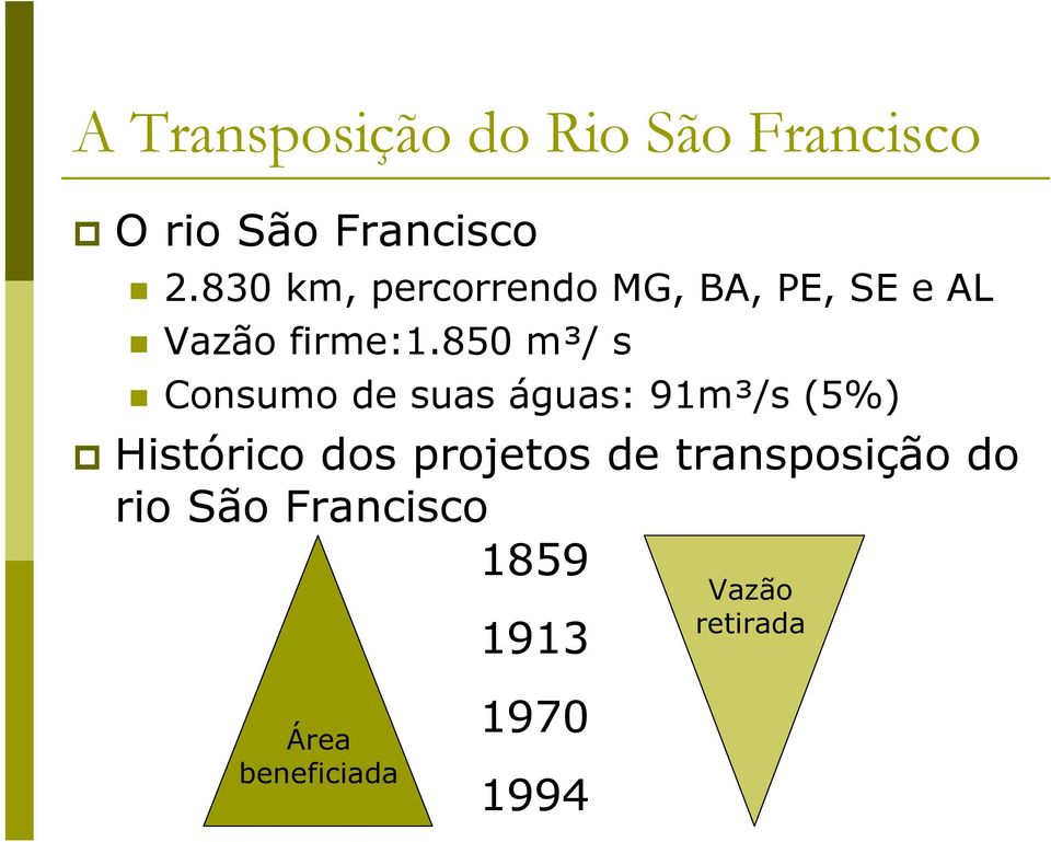 850 m³/ s Consumo de suas águas: 91m³/s (5%) Histórico dos