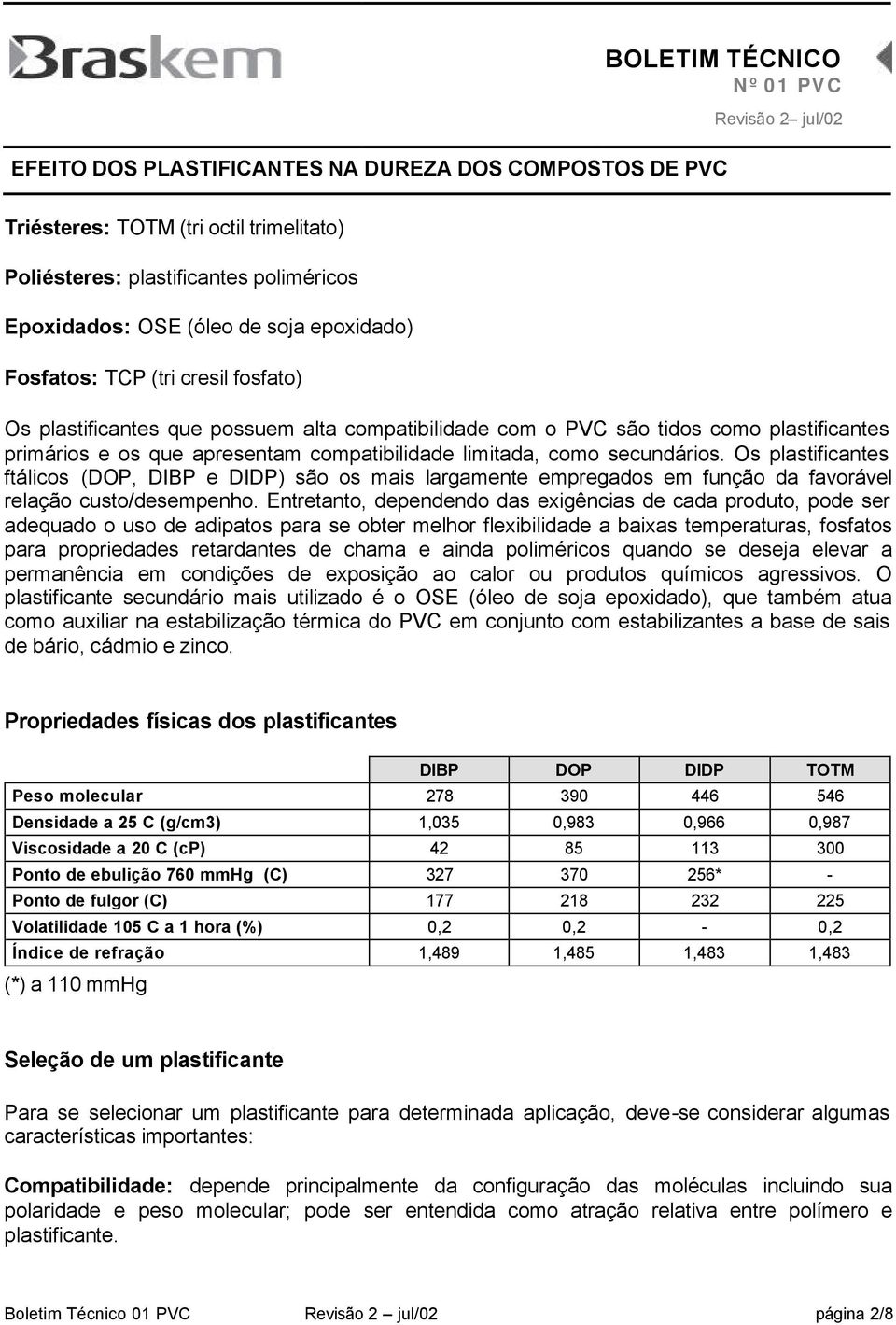 Os plastificantes ftálicos (DOP, DIBP e DIDP) são os mais largamente empregados em função da favorável relação custo/desempenho.