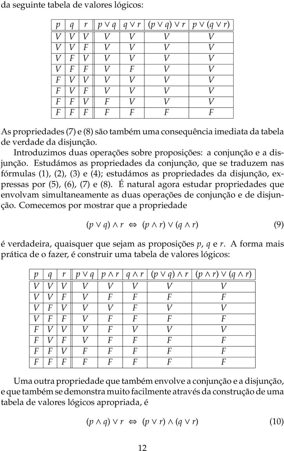 Estudámos as propriedades da conjunção, que se traduzem nas fórmulas (1), (2), (3) e (4); estudámos as propriedades da disjunção, expressas por (5), (6), (7) e (8).