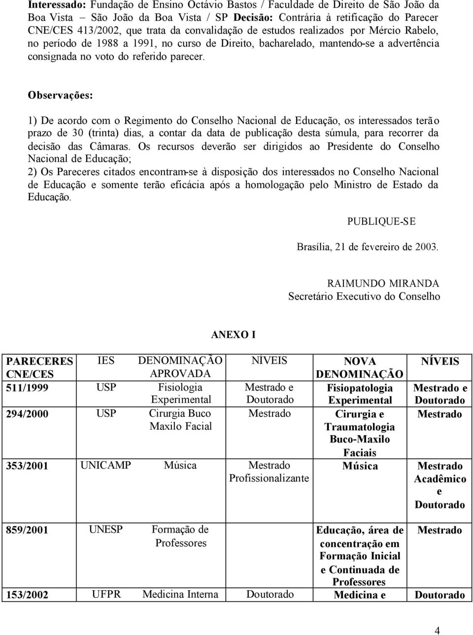 Observações: 1) De acordo com o Regimento do Conselho Nacional de Educação, os interessados terã o prazo de 30 (trinta) dias, a contar da data de publicação desta súmula, para recorrer da decisão das