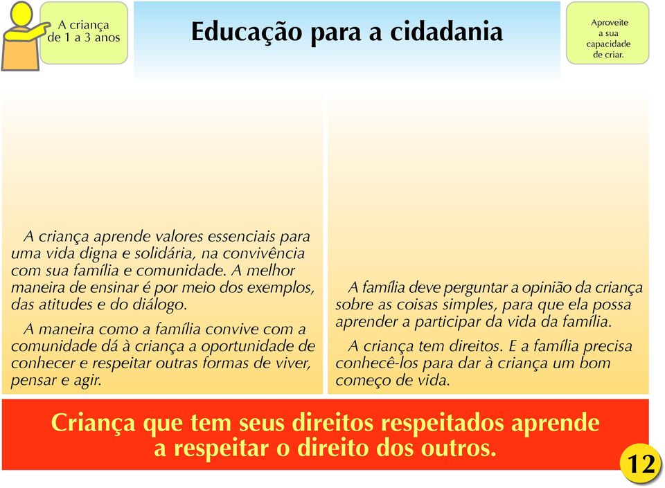 A maneira como a família convive com a comunidade dá à criança a oportunidade de conhecer e respeitar outras formas de viver, pensar e agir.