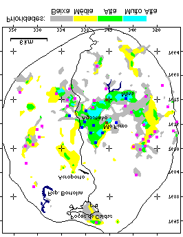 a locais de ocorrências de rochas potássicas, cortadas por falhamentos e com valores de intensidade radioativa entre 2,5 e 3,5 vezes o background regional. O mapa da Figura 9.
