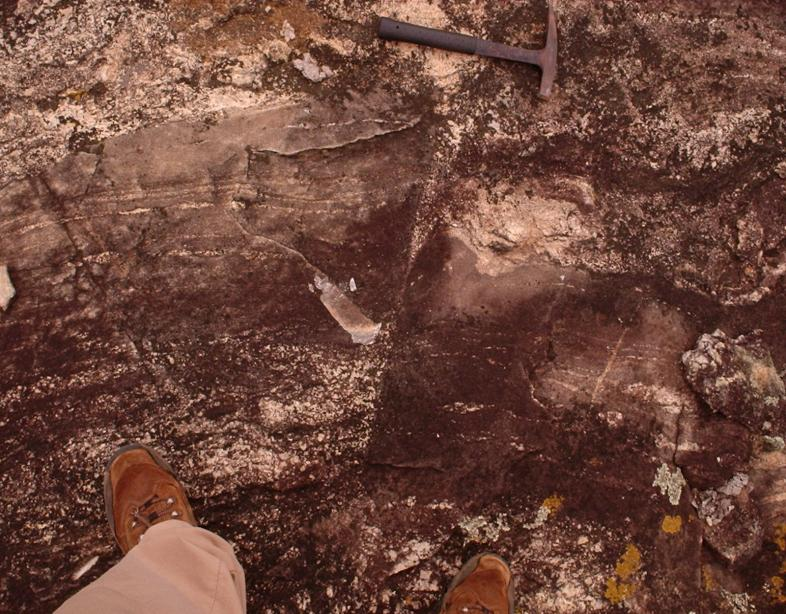 gnaisses são cortados por diques e veios pegmatíticos, possivelmente relacionados ao Granitóide Ritápolis (Fotografias