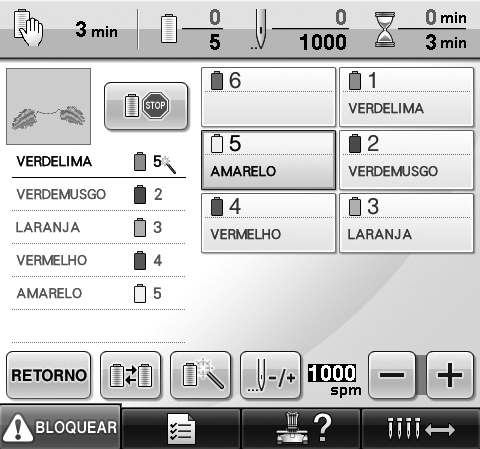 Verificando o intervalo de tempo até a próxima parada da máquina O intervalo de tempo até a próxima parada da máquina de bordar pode ser visto na tela de bordar.