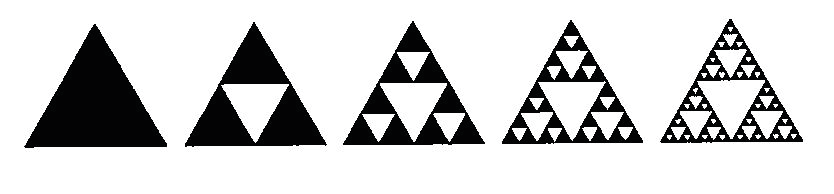 Folha 6 Componentes: O Triângulo de Sierpinski Partir de um triângulo equilátero no plano e aplicar repetidamente as seguintes operações: 1. marcar os pontos médios dos três lados do triângulo;.