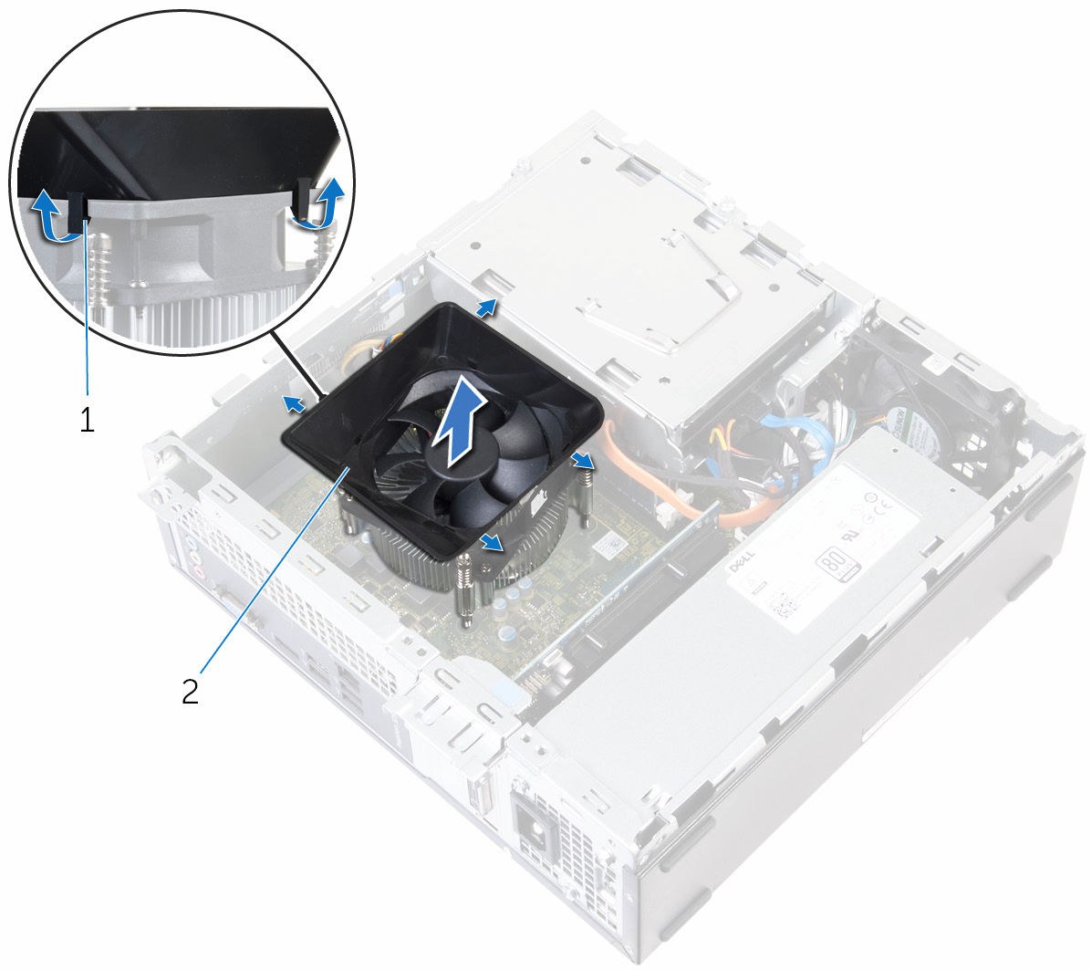 Procedimento 1 Puxe as abas para fora e solte o defletor do ventilador do processador.