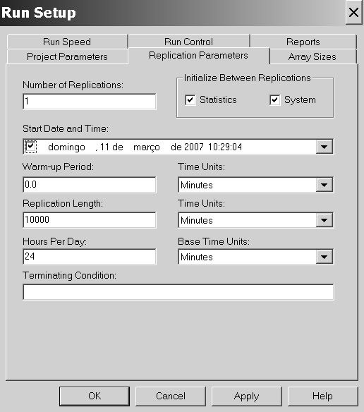 5.3 O software ARENA 115 Alteramos todas as unidades de tempo (Time Units) para minutos e vamos rodar a simulação apenas 1 vez (1 replicação) com duração de 10.000 minutos.