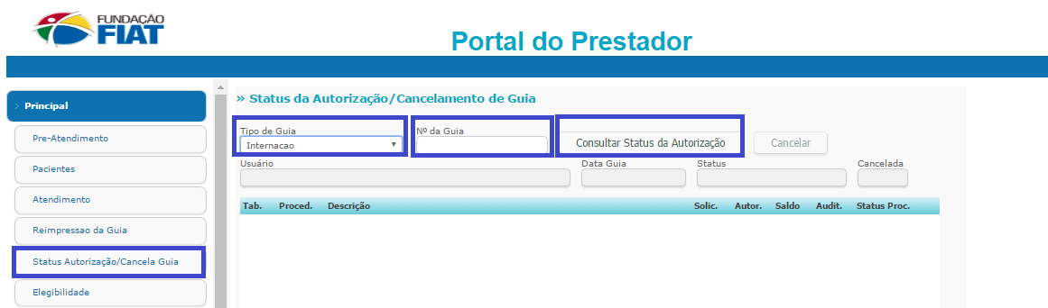 CONSULTAR O STATUS DA AUTORIZAÇÃO Selecionar o tipo de guia; Digitar no campo nº da guia a senha com 18 dígitos numéricos; Clicar em Consultar Status da Autorização para visualizar a guia; Será